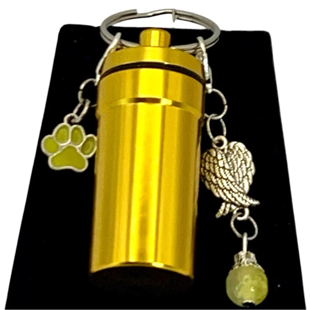 Pet Cremation Urn Gold Stainless Steel Memorial Keepsake Cylinder Keychain - Picture 2 of 4